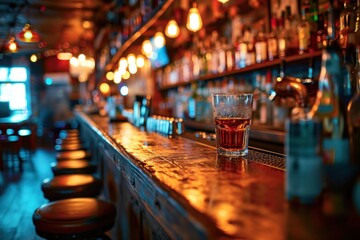 vintage bar and blurred shelves with liquor bottles in the background. - obrazy, fototapety, plakaty