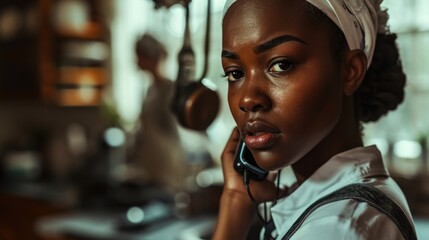 African-American maid having unpleasant conversation over the phone - obrazy, fototapety, plakaty