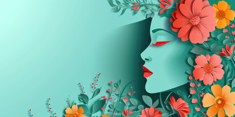 Illustration of face and flowers style paper cut with copy space for international women's day