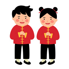 Cute Chinese kids in flat design on white background. Happy Chinese new year.