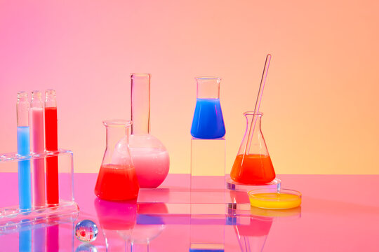 Glassware holds vibrant liquids on a pink-orange gradient background. A front-view lab concept for advertising, emphasizing research and development.
