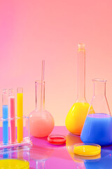 Three types of liquids with three colors of blue, pink and yellow are preserved inside glassware on a pink gradient background. Ideal space for advertising.