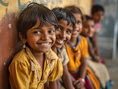 candit shot of happy indian children playful with friend in school