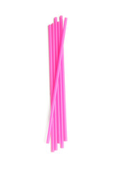 Pink plastic straws on white background