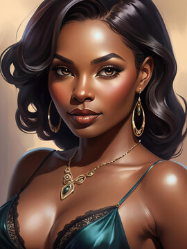 Seductive Endomorph Beauty - Close-up of a confident brown-skin woman in rich and sensual silk lingerie with a flirtatious expression Gen AI
