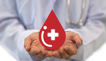 Doctor hand holding blood drop donation, save life, world hemophilia day concept, world blood donor day, hospital, save life and health insurance, world mental health day