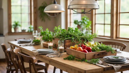 Fototapeta premium Highlight the connection between farmhouse kitchen table and the farm-to-table concept showcase fresh produce, herbs, or homemade meals directly sourced from your garden or local farmers