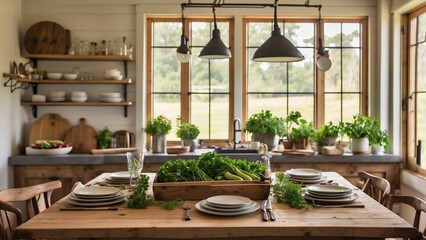 Highlight the connection between farmhouse kitchen table and the farm-to-table concept showcase fresh produce, herbs, or homemade meals directly sourced from your garden or local farmers