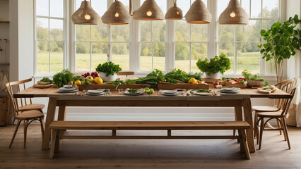 Highlight the connection between farmhouse kitchen table and the farm-to-table concept showcase fresh produce, herbs, or homemade meals directly sourced from your garden or local farmers