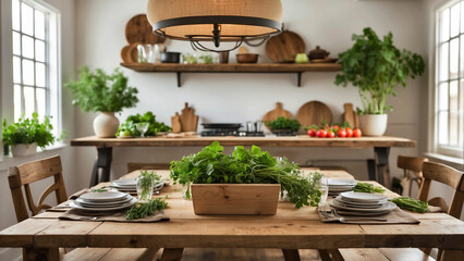 Highlight the connection between farmhouse kitchen table and the farm-to-table concept showcase fresh produce, herbs, or homemade meals directly sourced from your garden or local farmers