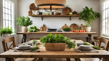 Fototapeta premium Highlight the connection between farmhouse kitchen table and the farm-to-table concept showcase fresh produce, herbs, or homemade meals directly sourced from your garden or local farmers