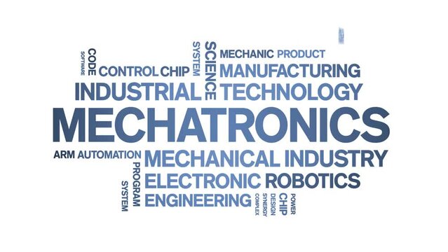 Mechatronics animated tag word cloud;text design animation kinetic typography seamless loop.