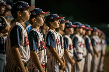 Youth Baseball Players Lined Up for the National Anthem - obrazy, fototapety, plakaty