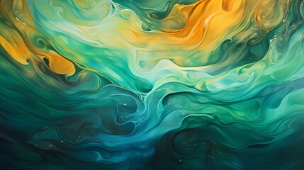 Golden waves of liquid energy cascading against a background of rich blues and greens, capturing the essence of dynamic movement in a high-resolution image.
