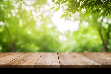 Wooden Table Amidst Lush Greenery Under Sunlight