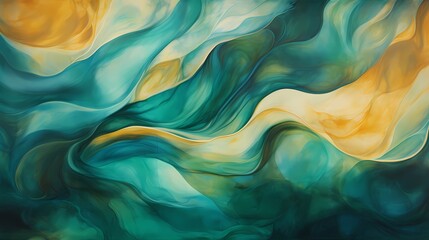 Golden waves of liquid energy cascading against a background of rich blues and greens, capturing the essence of dynamic movement in a high-resolution image.