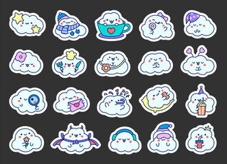 Cute kawaii funny clouds. Sticker Bookmark. Cartoon weather character in different poses. Hand drawn style. Vector drawing. Collection of design elements.