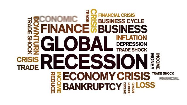 Global Recession animated tag word cloud;text design animation kinetic typography seamless loop.