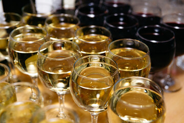 Assorted Wine Glasses Close-Up Shot. A close-up view of assorted wine glasses filled with red and white wine, prepared for a social gathering or celebration.