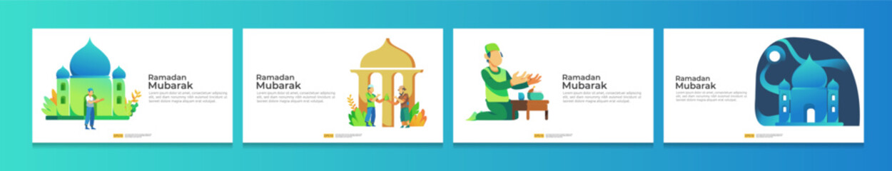 happy ramadan mubarak and islamic eid fitr or adha flat design bundle set greeting concept with people character for web landing page template, banner, presentation, social, and print media