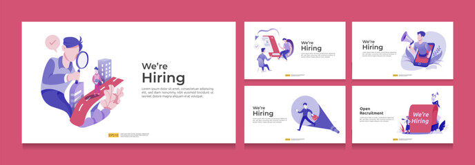 recruitment employer hiring concept with businessman people character. vacancy interview process for social media job template, web landing page, banner HR presentation. Vector illustration bundle set - obrazy, fototapety, plakaty