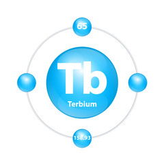 Terbium (Tb) Icon structure chemical element round shape circle light blue with surround ring Period number shows of energy levels of electron. Study science for education. 3D Illustration vector