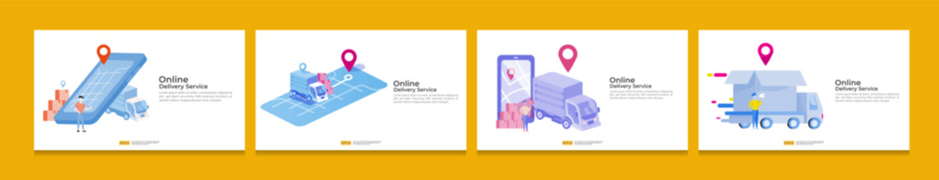 Online delivery service transportation illustration bundle set with warehouse parcel packages and map pin. order tracking, car, logistic cargo via Internet mobile phone or cellphone for landing page