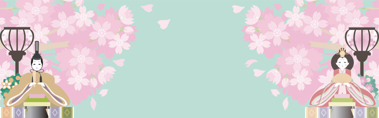 バナー　フレーム　ひなまつり　ひな人形　お雛様　3月　春　桜　和風　背景　イラスト素材 - obrazy, fototapety, plakaty