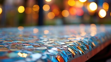 Closeup of intricate mosaic tiles being carefully p on a public bench, part of a community art installation. - obrazy, fototapety, plakaty