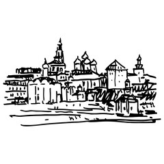 Panorama view of the Trinity Lavra of St. Sergius in Sergiyev Posad. Russian Orthodox monastery. Hand drawn linear doodle rough sketch. Black and white silhouette.