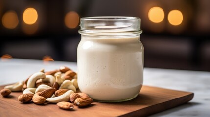 Closeup of a jar of homemade cashew cream, a popular dairyfree substitute in plantbased cooking. - obrazy, fototapety, plakaty