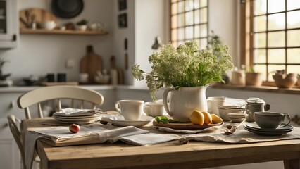 photos capturing the tranquil and inviting atmosphere of farmhouse kitchen table during morning rituals