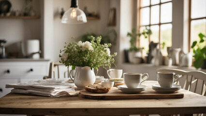 Fototapeta na wymiar photos capturing the tranquil and inviting atmosphere of farmhouse kitchen table during morning rituals