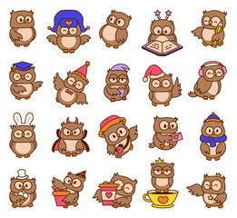 Cartoon happy owl characters. Cute kawaii forest birds. Hand drawn style. Vector drawing. Collection of design elements.