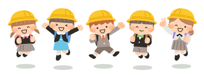 入学式を迎えたジャンプをする子供たちのイラスト素材