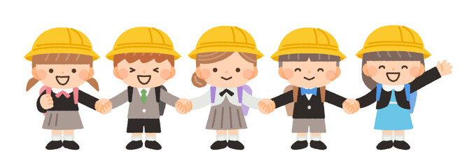 入学式を迎えた手を繋ぐ子供たちのイラスト素材