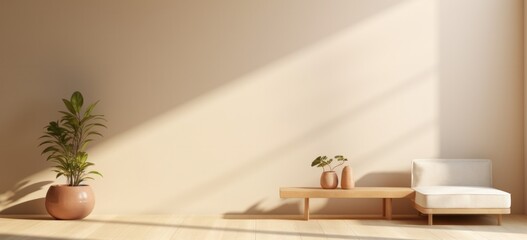 Minimalist living room with sunlight casting shadows on wall. Interior design and decor