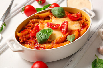 Baking dish of pasta with tomato sauce and cheese on white background