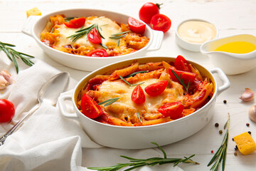 Baking dishes of pasta with tomato sauce and cheese on white tile background