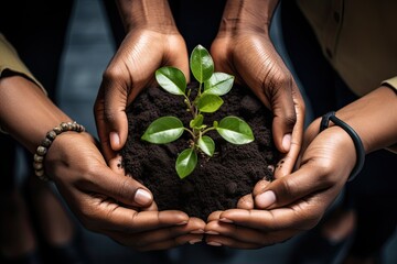 The hands of two people are holding a handful of earth with a young green sprout. The concept of a Startup. - obrazy, fototapety, plakaty