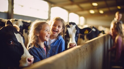 Excited youngsters witnessing firsthand the process of milking cows on a dairy farm, learning about where their favorite drink comes from.