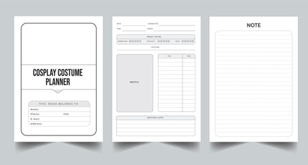 Editable Cosplay Costume Planner Kdp Interior printable template Design.