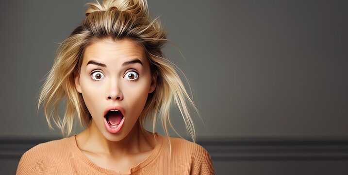 A blonde girl with a surprised look and an open mouth looks at the camera. The concept of strong surprise. Generated by AI.
