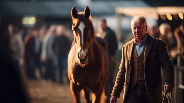 A weary farmer leads his prized horse to the stage, proudly showing off its shiny coat and strong build to the potential buyers at the busy auction, hoping for a good price for his hard work