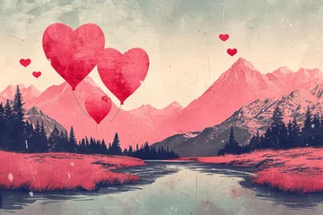 Schilderijen op glas Valentines day horizontal vector background with air ballons in the sky, medow, mountains, river and forest in pink © surassawadee
