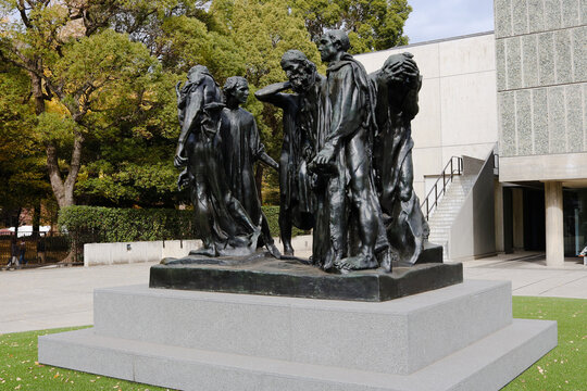 TOKYO, JAPAN - December 1, 2023: Rodin's The Burghers of Calais in the garden in front of the National Museum of Western Art in Tokyo's Ueno area. 