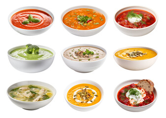collection of soups, puree soup, broccoli soup, borscht, kharcho, mushroom soup, pumpkin soup, tomato soup, side view