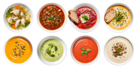 collection of soups, puree soup, broccoli soup, borscht, kharcho, mushroom soup, pumpkin soup, tomato soup, top view