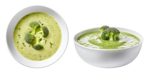 Broccoli puree soup, top view, side view