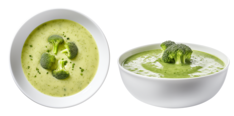 Broccoli puree soup, top view, side view
